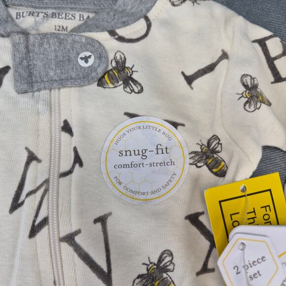 Burts Bees A-Bee-C and Stripes Organic Cotton Snug Fit Footed Sleeper 2 Pack 12M - Picture 4 of 9